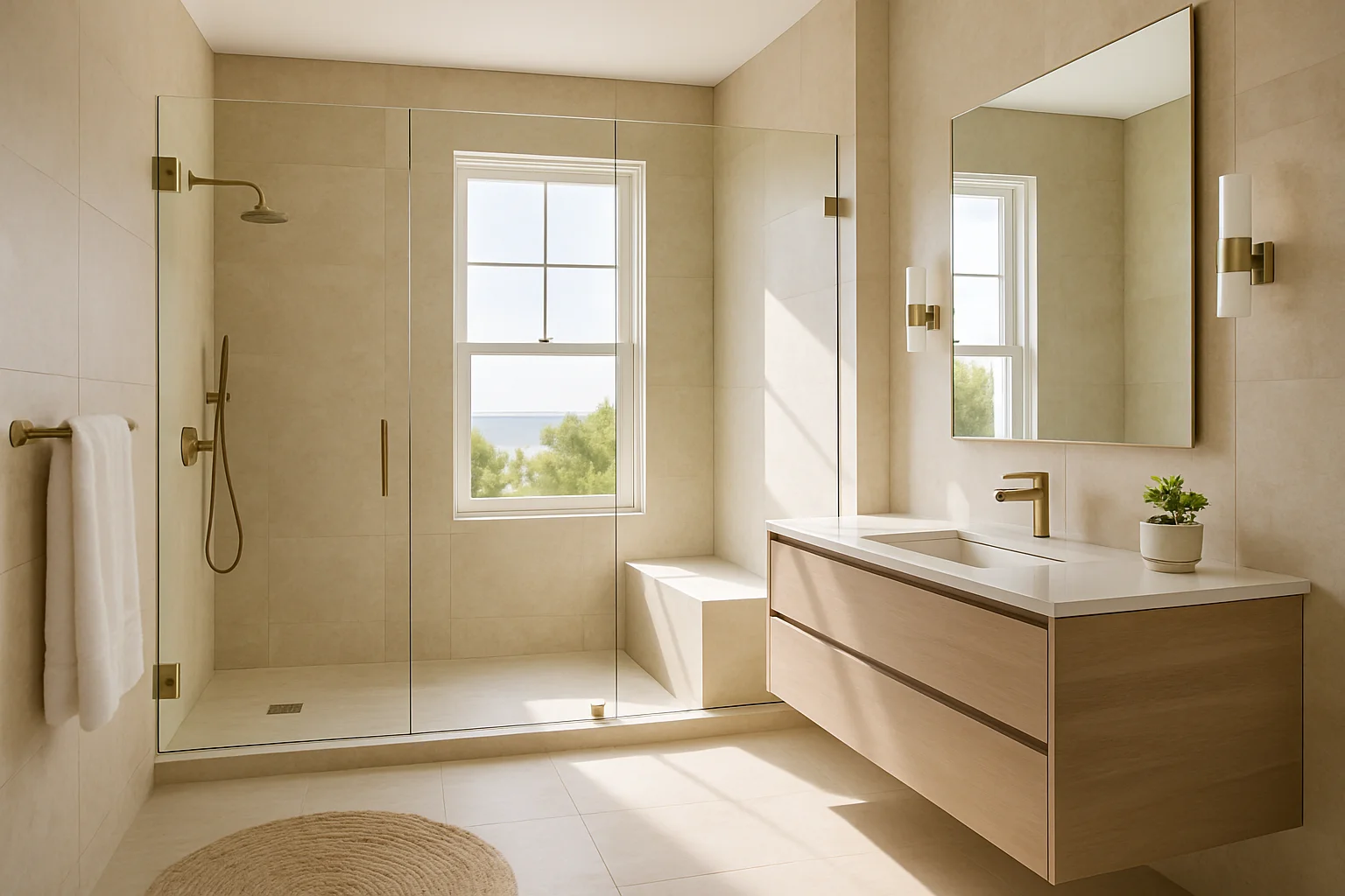 A finished coastal-modern Wilmington bathroom with a frameless glass walk-in shower and warm limestone-look walls