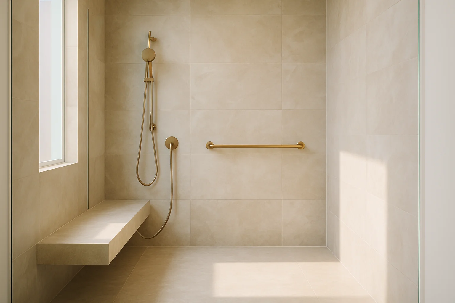Curbless walk-in shower with an integrated bench and a designer grab bar.