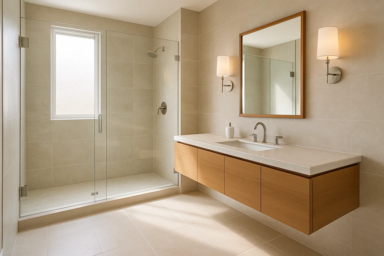 Fully remodeled coastal-modern bathroom with a walk-in shower and floating vanity.