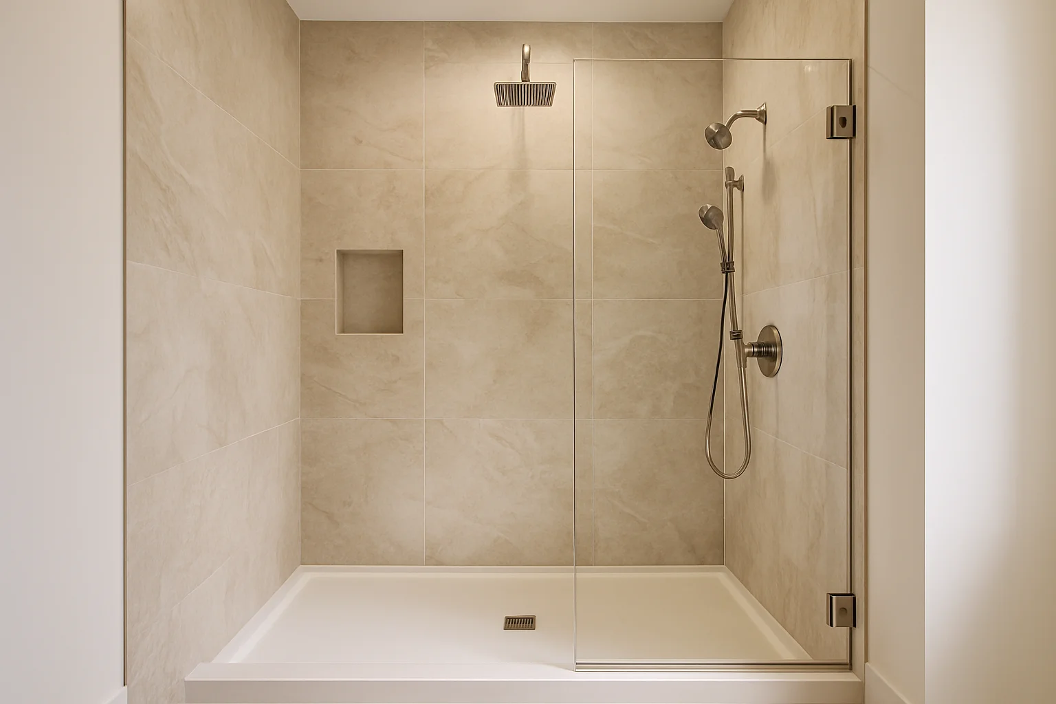 Walk-in shower with large-format stone-look walls and frameless glass where a tub used to be.