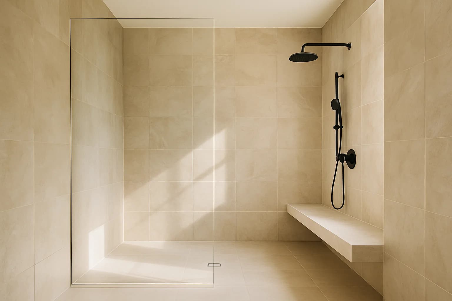 A completed premium Wilmington bathroom with a large walk-in shower, large-format stone-look walls, and frameless glass